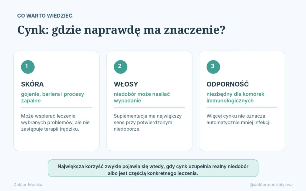 Cynk na co pomaga? Wspiera skórę, włosy i odporność. Kluczowy dla komórek immunologicznych, gojenia i bariery skórnej. Niedobór może nasilać wypadanie włosów.