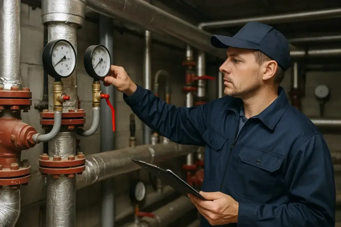 Technik sprawdza ciśnienie w rurach, przygotowując system do tego, kiedy zaczyna się sezon grzewczy.
