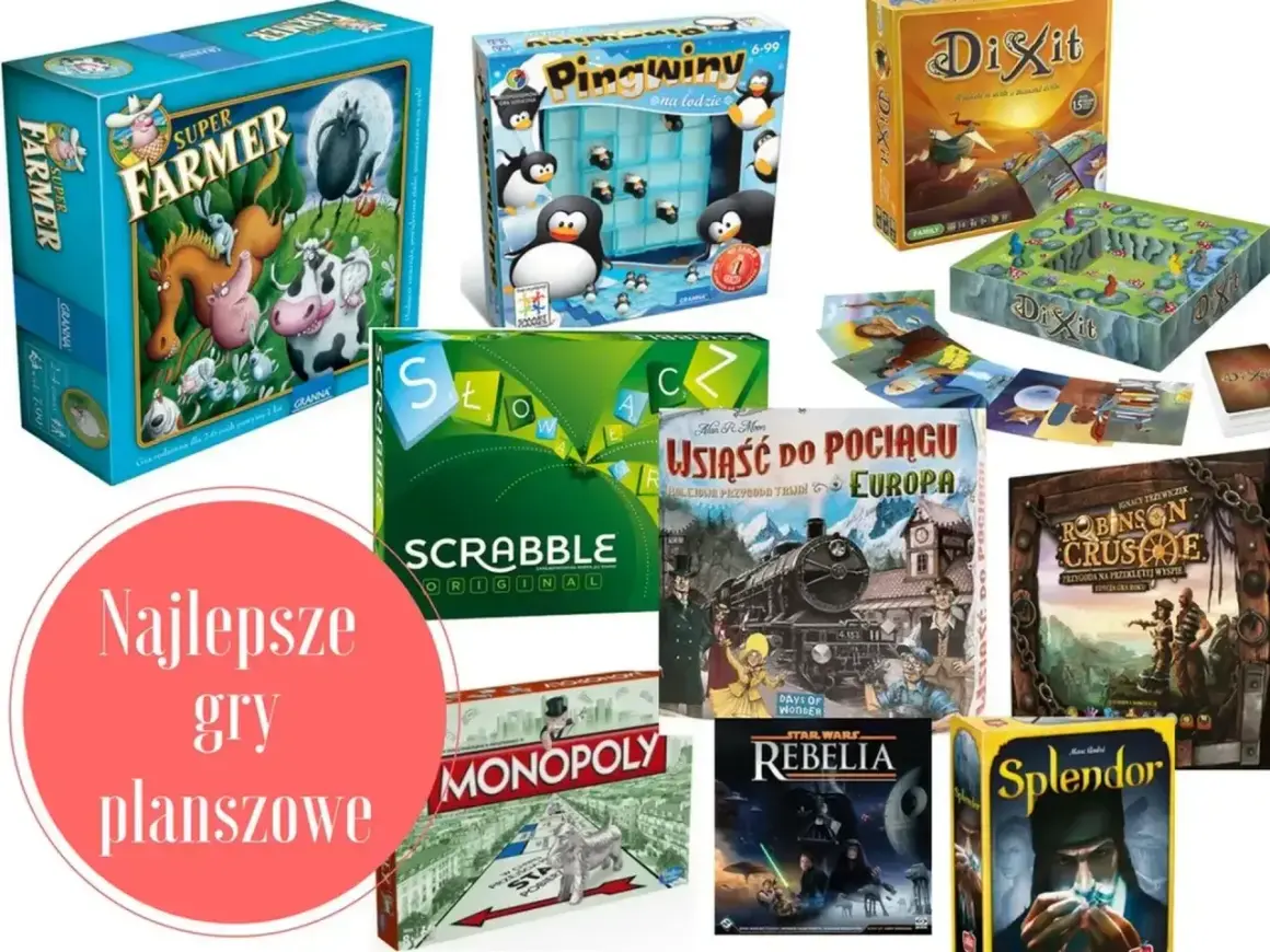 Gry planszowe dla dużej ilości osób: Super Farmer, Pingwiny na lodzie, Dixit, Wsiąść do pociągu, Scrabble, Monopoly, Robinson Crusoe, Rebelia, Splendor.
