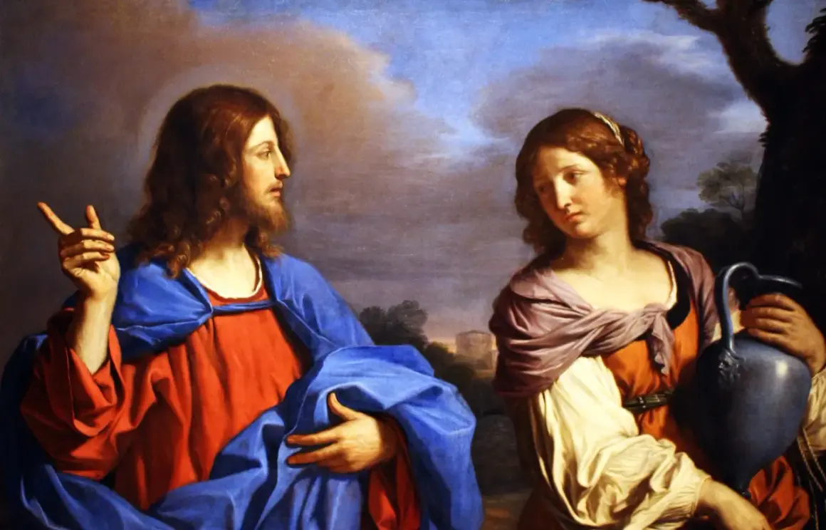 Jesus spricht zur heiligen Magdalena, die eine Kanne trägt.