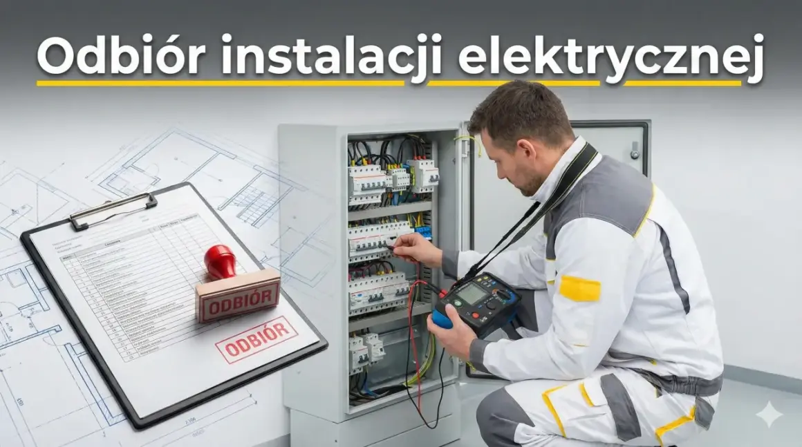 Elektryk sprawdza instalację elektryczną przy użyciu miernika. Obok protokół odbioru instalacji elektrycznej z pieczątką "ODBIÓR".