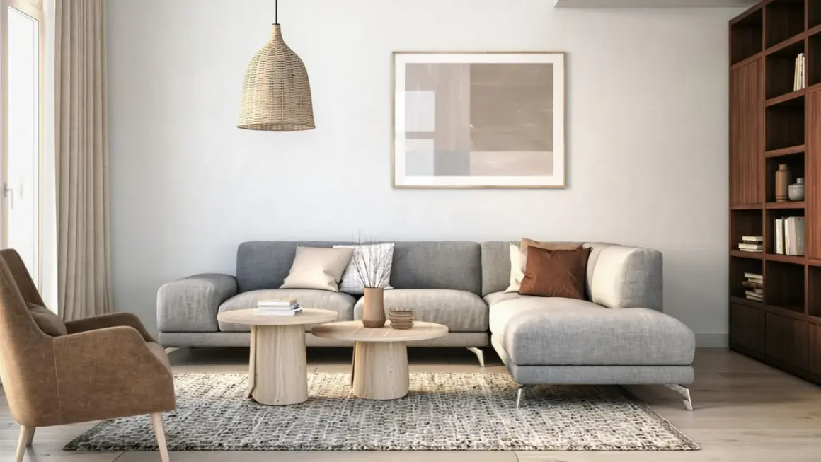 Gemütliches Wohnzimmer mit grauem Sofa, beigefarbenem Sessel, Holztischen und einem Bücherregal. Modernes interior design.