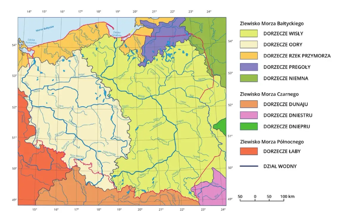 Mapa Polski z zaznaczonymi głównymi rzekami i ich dorzeczami, w tym Wisłą, Odrą i Narwią.