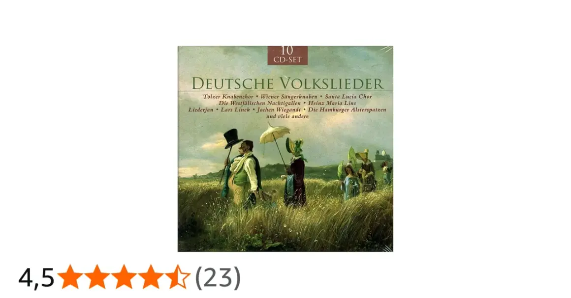 Cover einer 10-CD-Box mit dem Titel "Deutsche Volkslieder". Darauf eine romantische Landschaft mit Figuren.