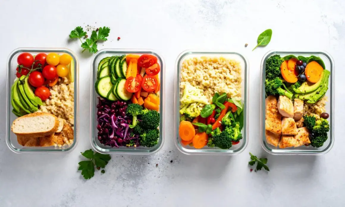 Vier Glasbehälter mit gesunden Mahlzeiten: Quinoa, Gemüse, Hähnchen und Brot. Perfekt für gesunde Kochrezepte zum Mitnehmen.