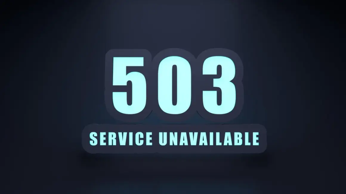 Napis "503 SERVICE UNAVAILABLE" w kolorze jasnoniebieskim na ciemnym tle.