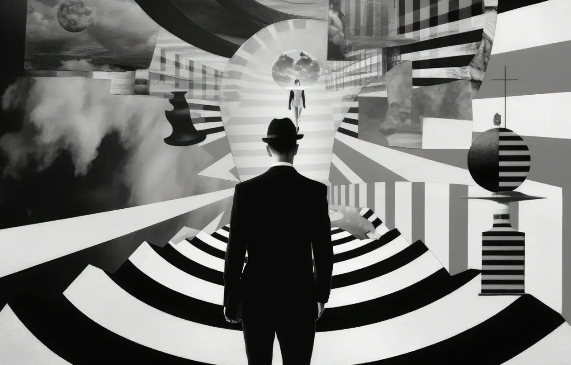 Mężczyzna w kapeluszu wchodzi w surrealistyczny labirynt. Obraz w stylu trompe l'oeil, pełen geometrycznych wzorów i iluzji.