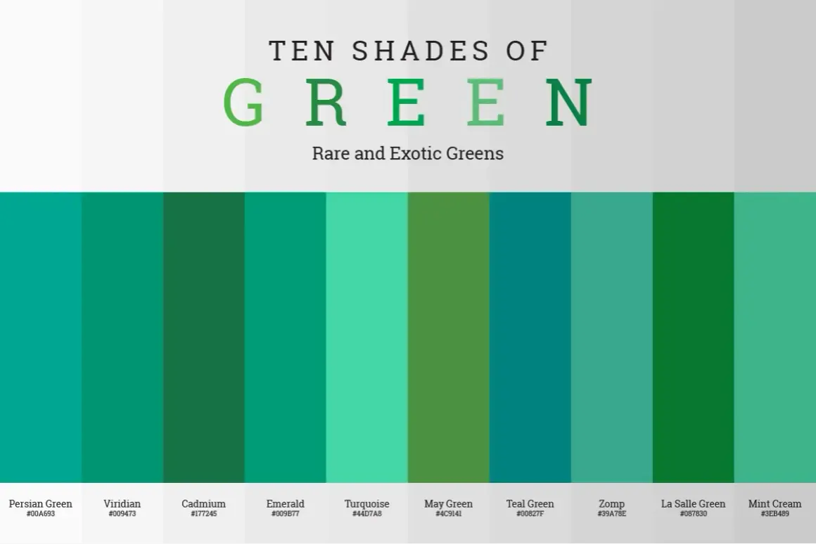 Ten shades of green, from Persian Green to Mint Cream, including a deep viridian.