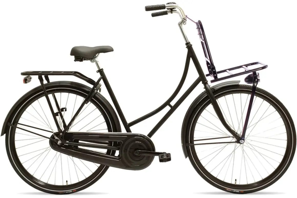 Zwarte oma fiets kopen? Deze stevige transportfiets met bagagedrager voor en achter is ideaal voor dagelijks gebruik.