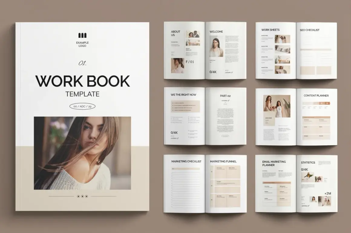 A clean indesign booklet template featuring a cover with a woman's portrait and interior pages with sections like "About Us," "Welcome," "Work Sheets," and "Content Planner.