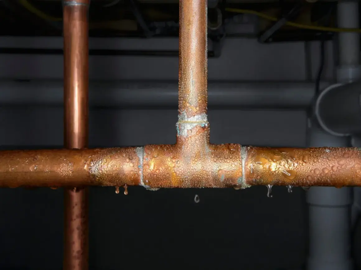Gouttes d'eau sur un raccord en T de tuyau de cuivre, signe d'une fuite. L'eau perle sur le métal, certaines gouttes tombent.