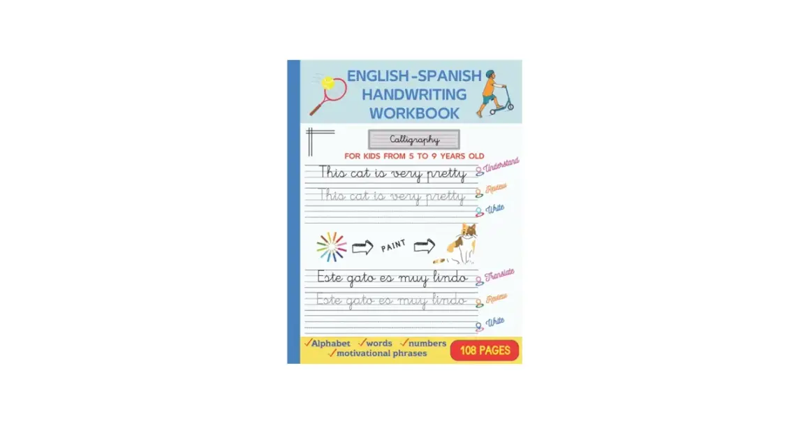 Plantillas caligrafía para niños de 5 a 9 años, con frases en inglés y español para practicar escritura y pintura.