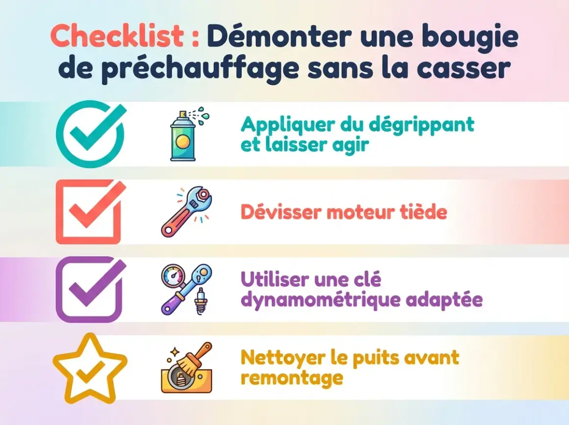 Checklist pour changer une bougie de préchauffage : appliquer dégrippant, dévisser moteur tiède, utiliser clé dynamométrique, nettoyer puits.