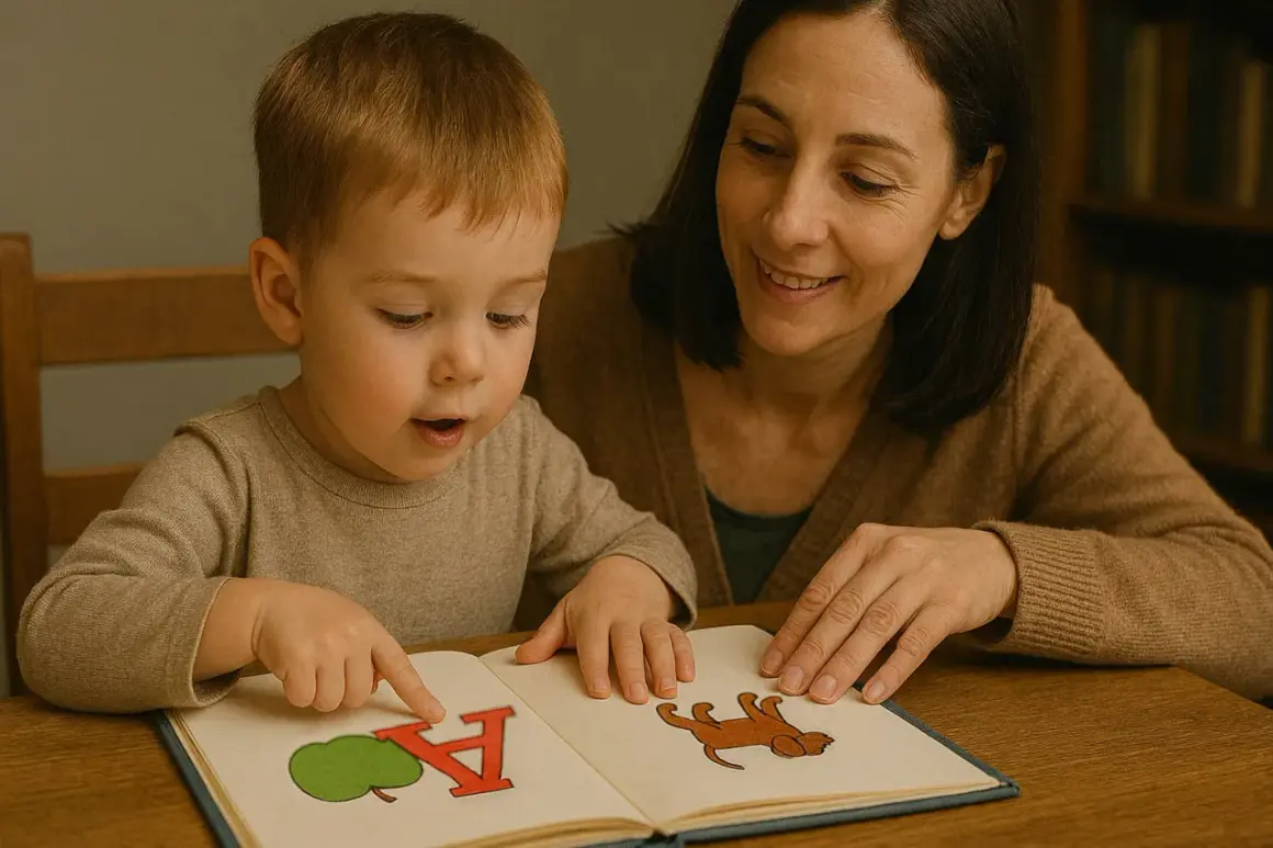 Mama uczy synka czytać. Na książce litera A i piesek. To świetny sposób, jak uczyć dziecko czytania.