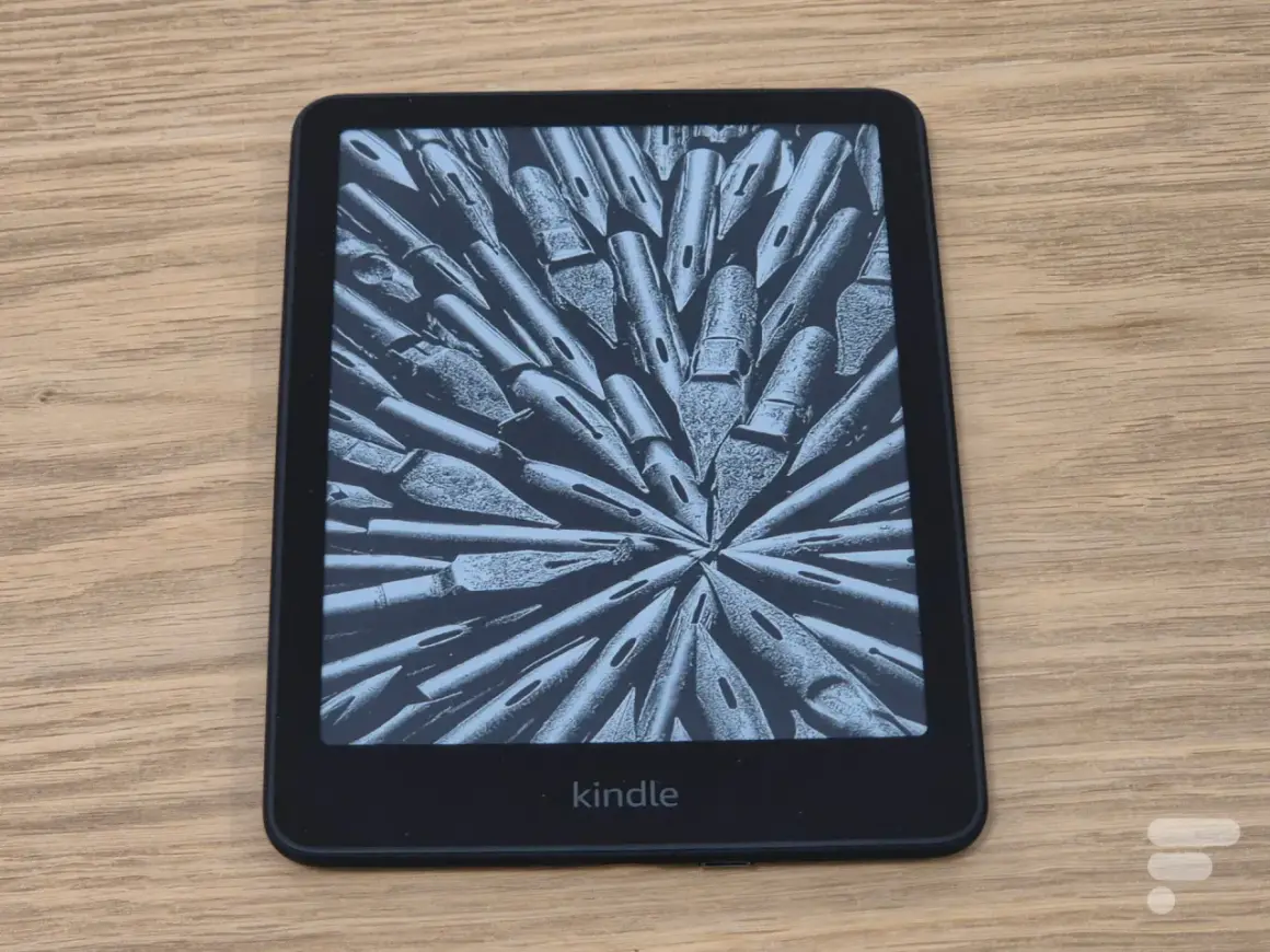 Un Kindle, une liseuse électronique affichant une image abstraite de plumes d'encre, sur un fond en bois.