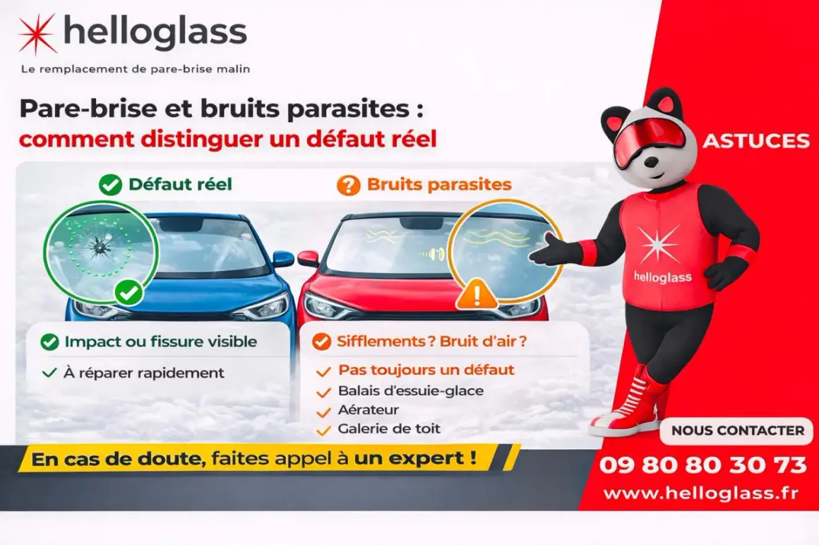 Comparaison entre un défaut réel de pare-brise (impact) et les bruits parasites, comme un sifflement de voiture dû aux essuie-glaces.