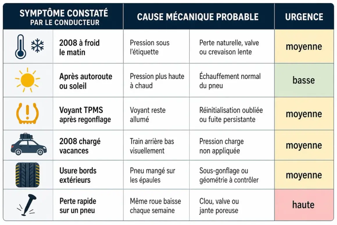 Tableau des causes probables de problèmes de pression pneu 3008 : froid, soleil, voyant TPMS, vacances, usure, crevaison.