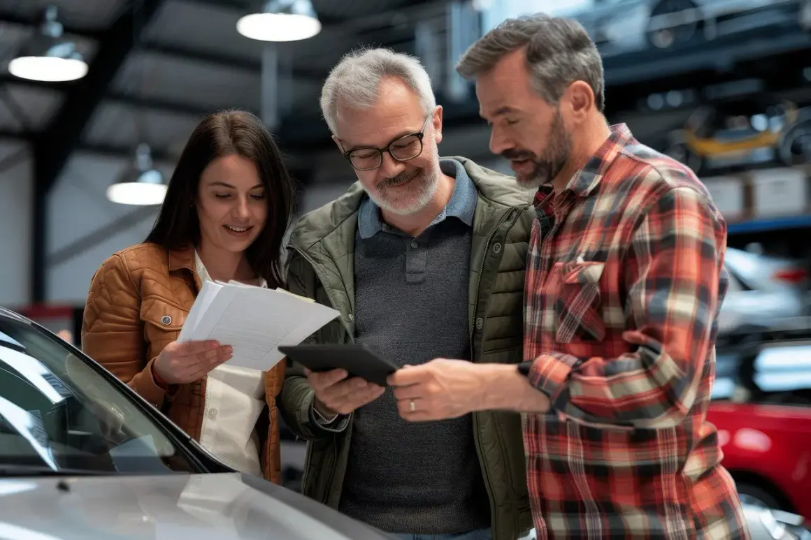 Un couple examine des documents et une tablette avec un vendeur, discutant de l'assurance achat voiture.