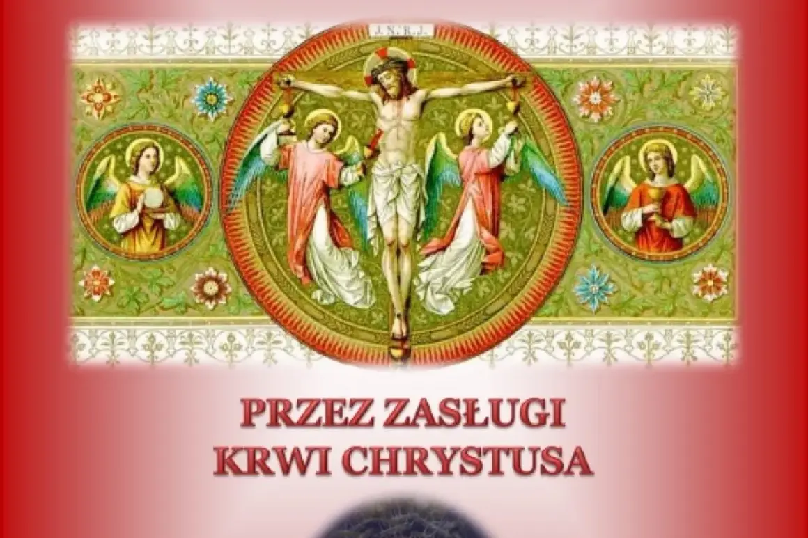 Litania do Serca Pana Jezusa czytana. Ukrzyżowanie z aniołami i napisem "Przez zasługi krwi Chrystusa".