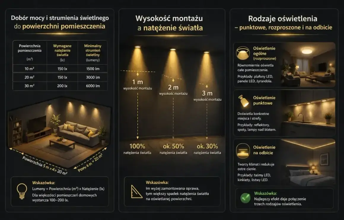 3000 lumenów to dużo dla 20 m², zapewniając 150 lx. Wybierz oświetlenie dopasowane do potrzeb.
