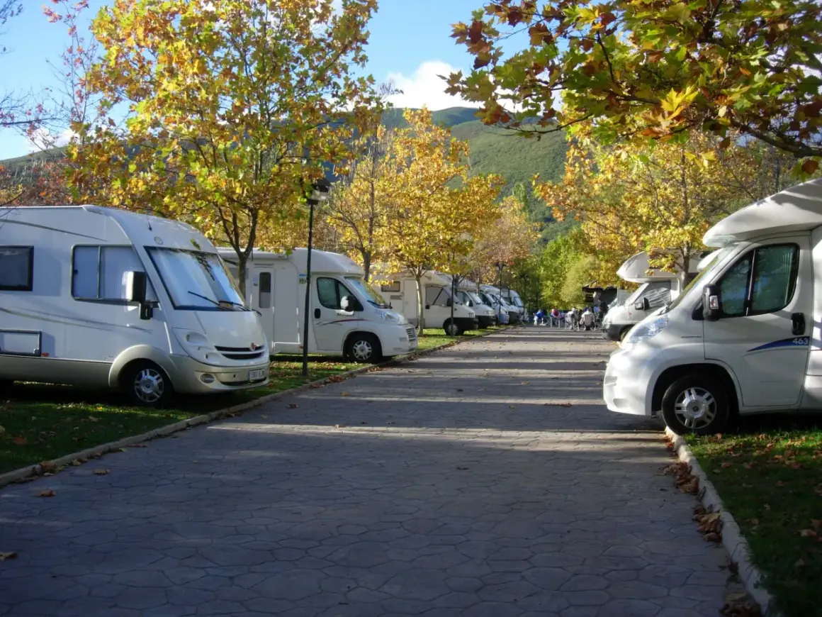 Un tranquilo caravan parking bajo árboles otoñales. Varias autocaravanas blancas aparcadas en fila, con hojas doradas cayendo.