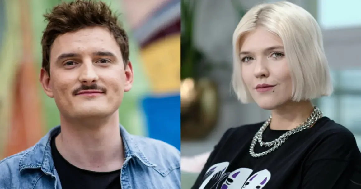 Podsiadło i Zawiałow, młodzi artyści, prezentują swoje charakterystyczne style. On w dżinsowej kurtce, ona z blond włosami i wyrazistym makijażem.
