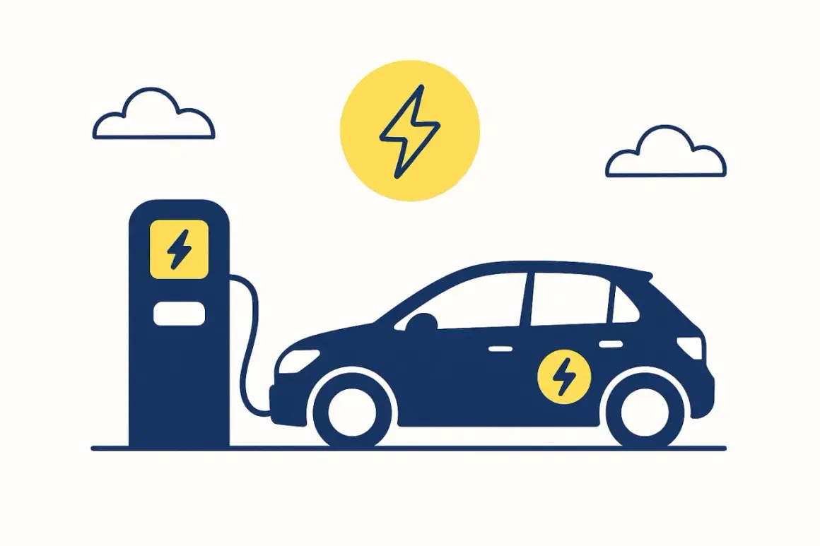 Illustration simple du fonctionnement d'une borne de recharge pour voiture électrique. Un véhicule bleu est branché à une borne bleue.