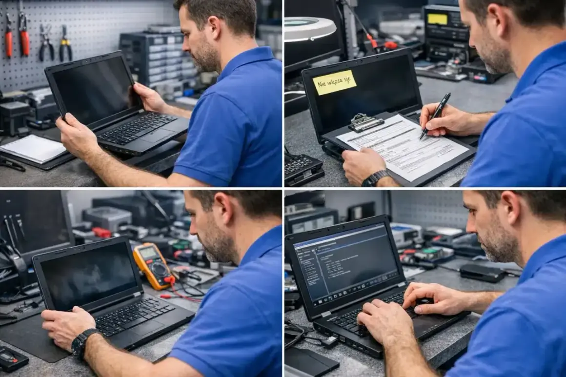 Technik przeprowadza pc health check, analizując kod na laptopie i wypełniając dokumentację.