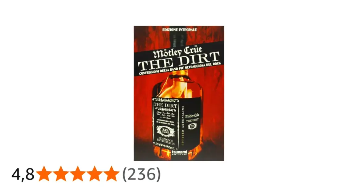 Copertina del film "The Dirt" dei Mötley Crüe, con una bottiglia di liquore e immagini della band.