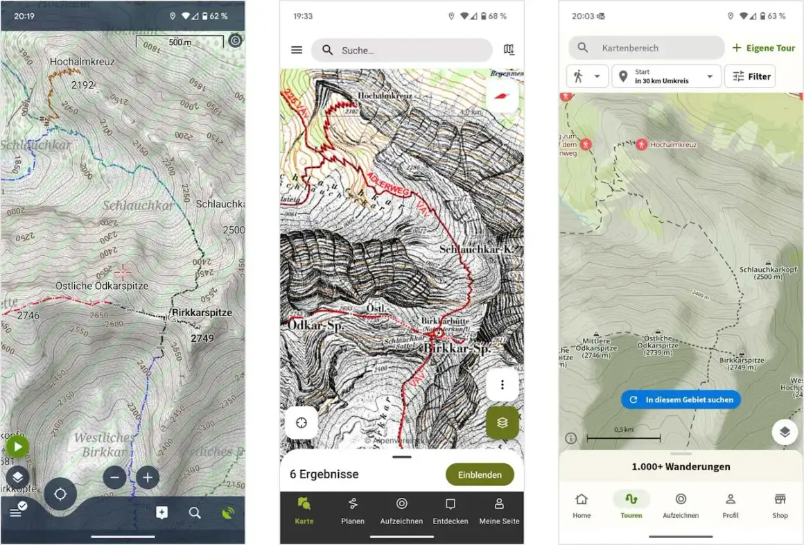 Eine Wander-App zeigt detaillierte Karten mit Höhenlinien und markierten Routen für Touren wie die Östliche Ödkarspitze.