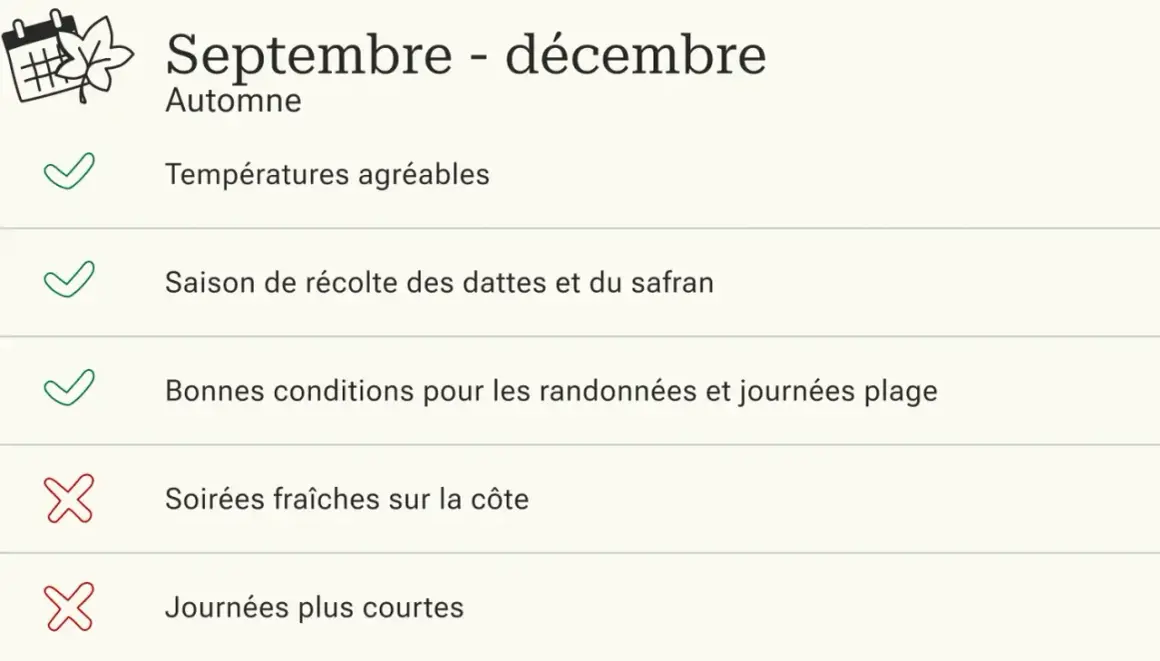 Septembre-décembre : parfait pour un trek Maroc avec températures agréables, récolte de dattes et safran, et bonnes conditions pour randonnées et plage.