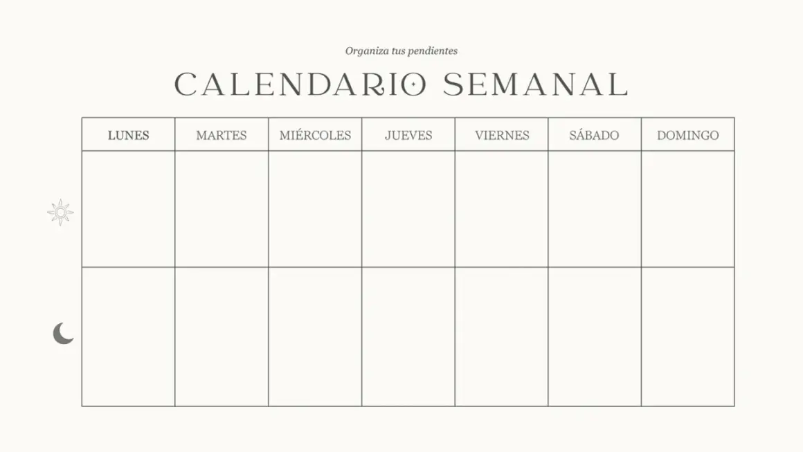 Organiza tus pendientes con este calendario semanal. Lunes a domingo, listo para tus planes.