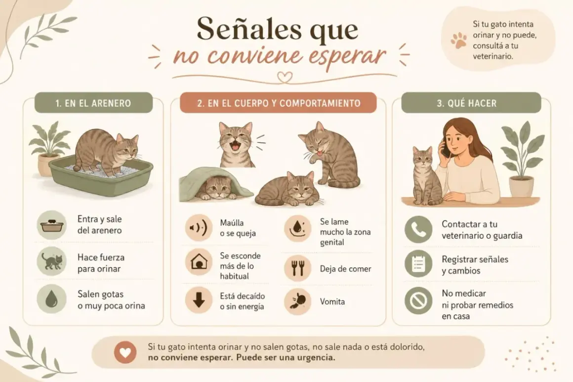 Gato en arenero, maullando, lamiéndose, decaído. Si tu gato intenta orinar y no puede, contacta al veterinario.
