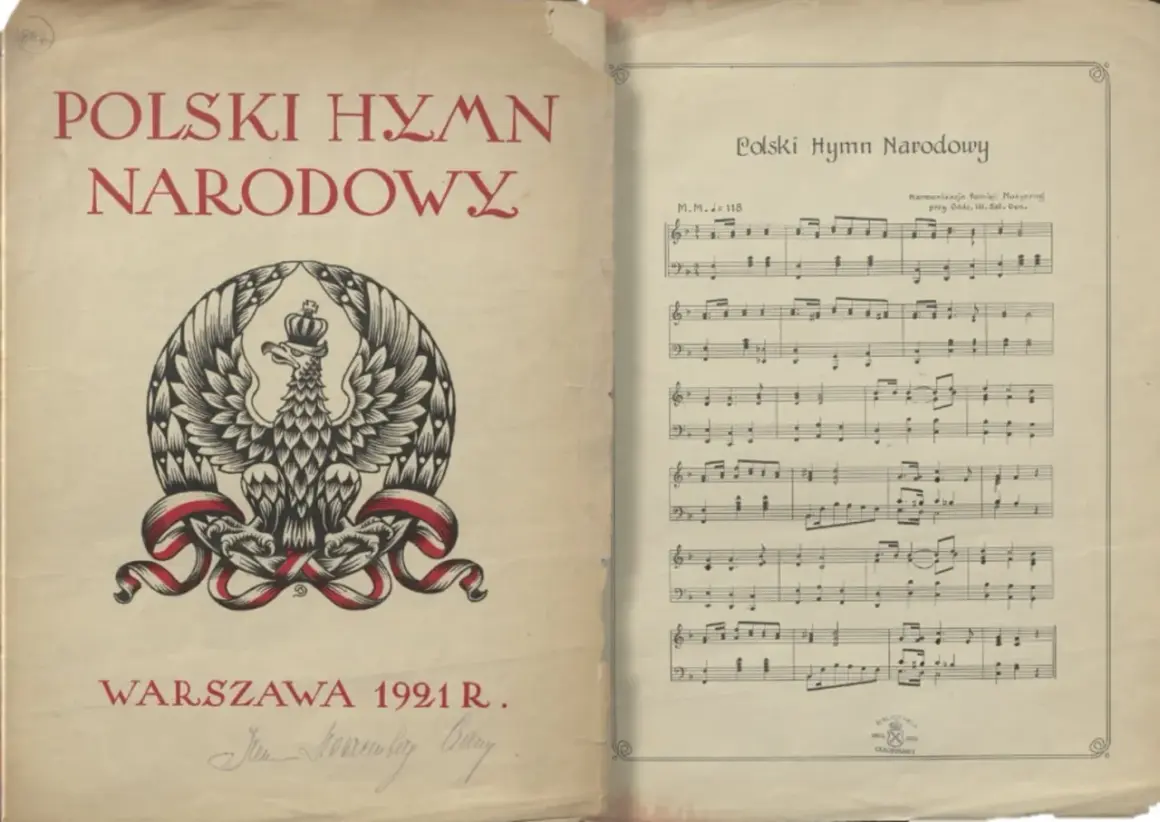 Okładka "Polski Hymn Narodowy" z 1921 r. z godłem orła i nutami, ukazująca, jak powstał hymn polski.
