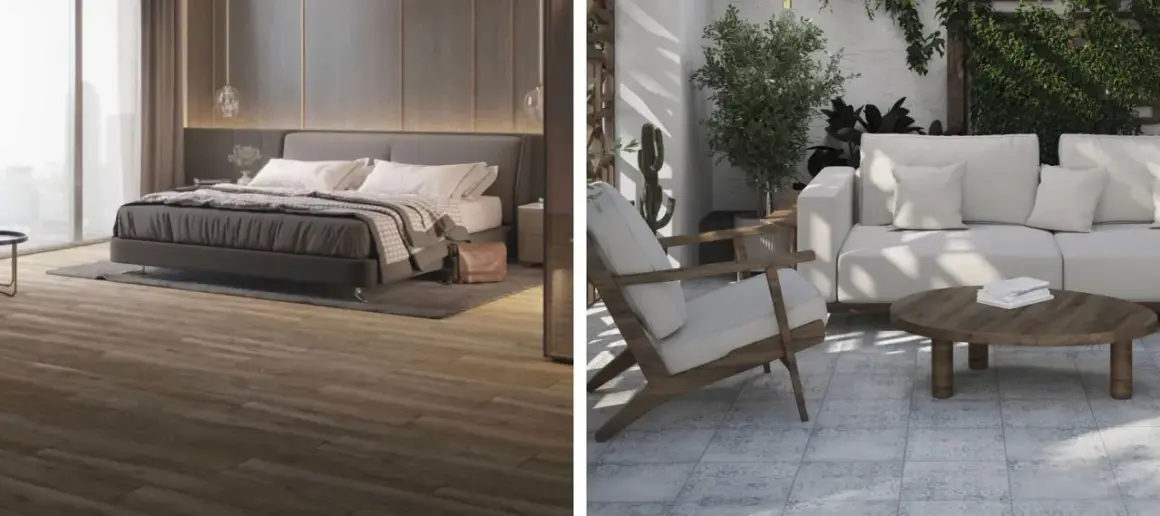 Chambre moderne avec sol imitation bois et terrasse avec un canapé blanc, un fauteuil en bois et un type de carrelage à motifs bleus.