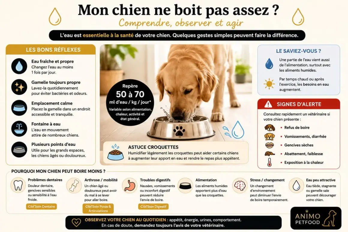 Un chien boit peu ? Conseils pour l'encourager à boire : eau fraîche, gamelle propre, fontaine, astuce croquettes. Signes d'alerte et causes possibles.