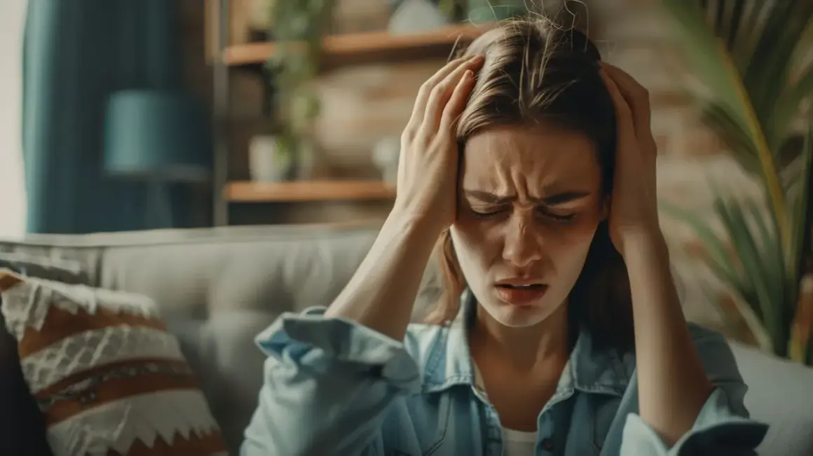 Kobieta z rękami na skroniach, cierpiąca z powodu bólu głowy, który może być jednym z objawów zespołu serotoninowego.