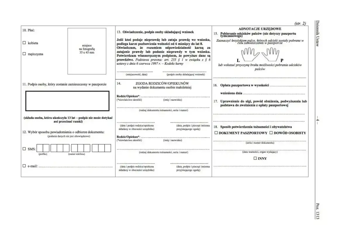 Formularz wniosku o wydanie dokumentu, gdzie zaznaczamy płeć, składamy podpis, podajemy dane kontaktowe, a także zgodę rodziców na wydanie dokumentu. Wniosek o malta na dowód.