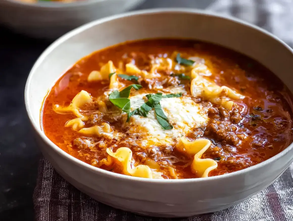 En skål med värmande lasagne soppa med köttfärs, pasta och en klick krämig ost, toppad med färsk basilika.