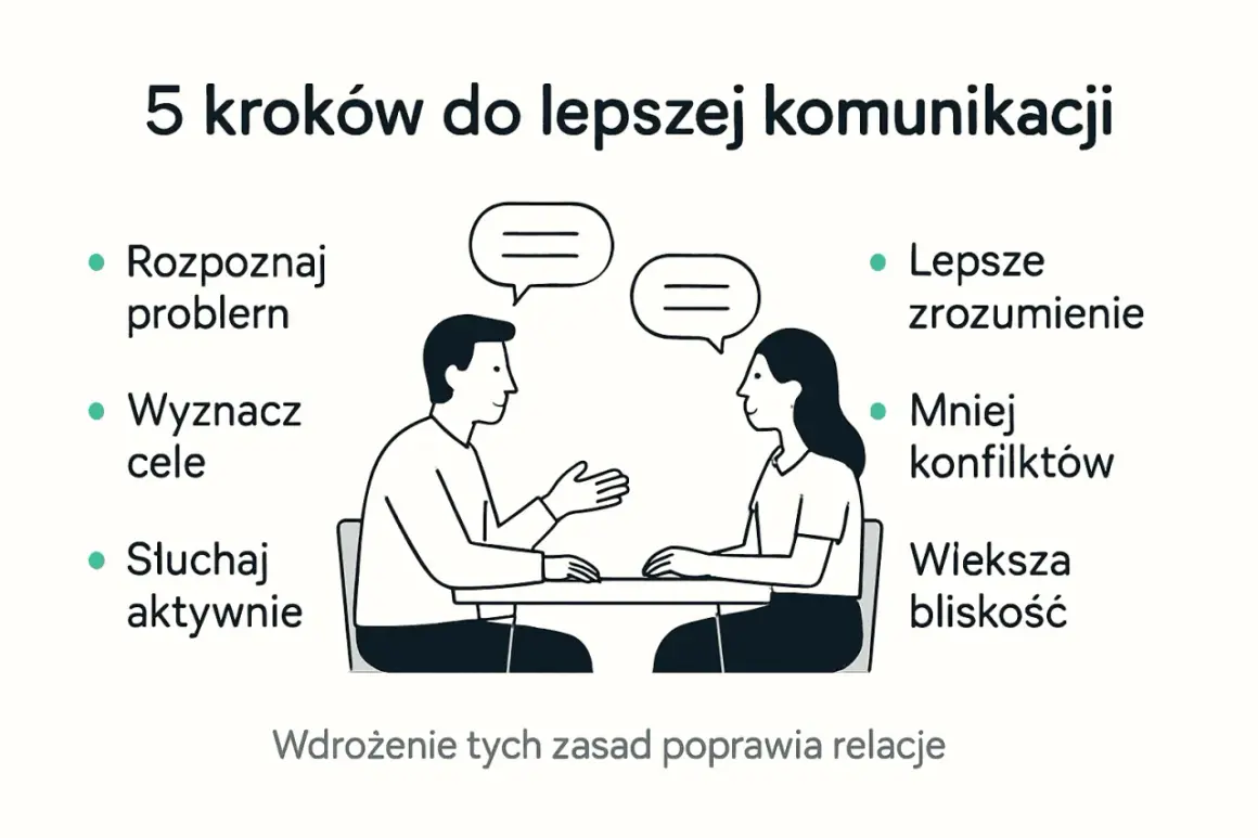 5 kroków do lepszej komunikacji w związku: rozpoznaj problem, wyznacz cele, słuchaj aktywnie, by osiągnąć lepsze zrozumienie, mniej konfliktów i większą bliskość.
