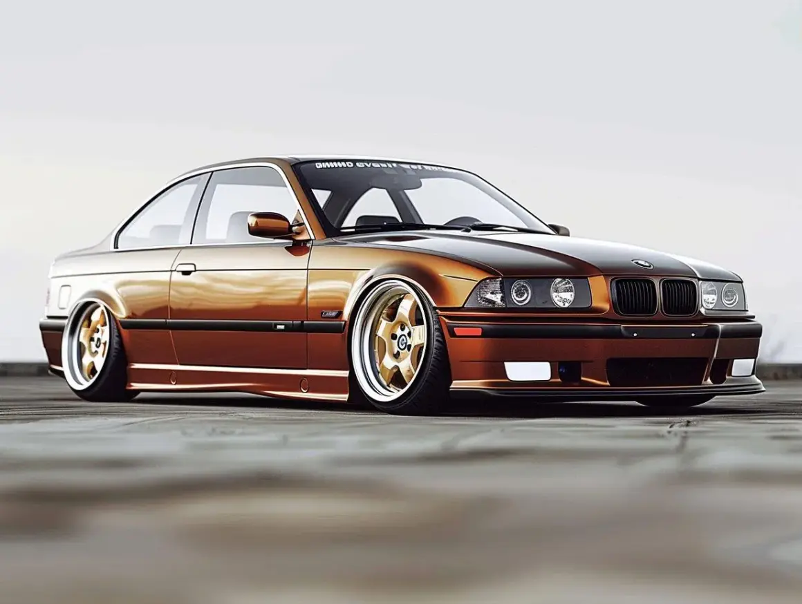 Złote felgi i brązowy lakier tego klasycznego e36 bmw podkreślają jego sportowy charakter.