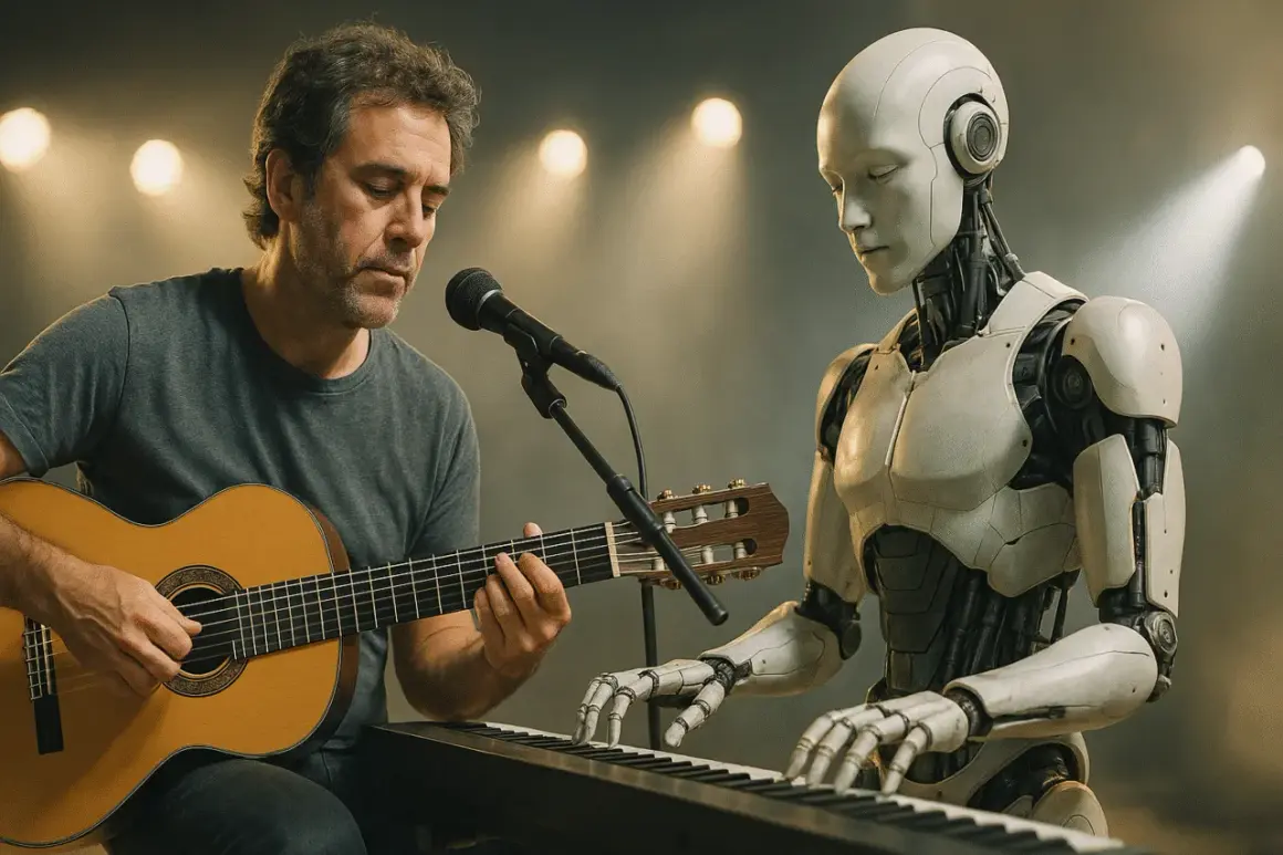 Człowiek gra na gitarze, a robot na keyboardzie, przed mikrofonem.