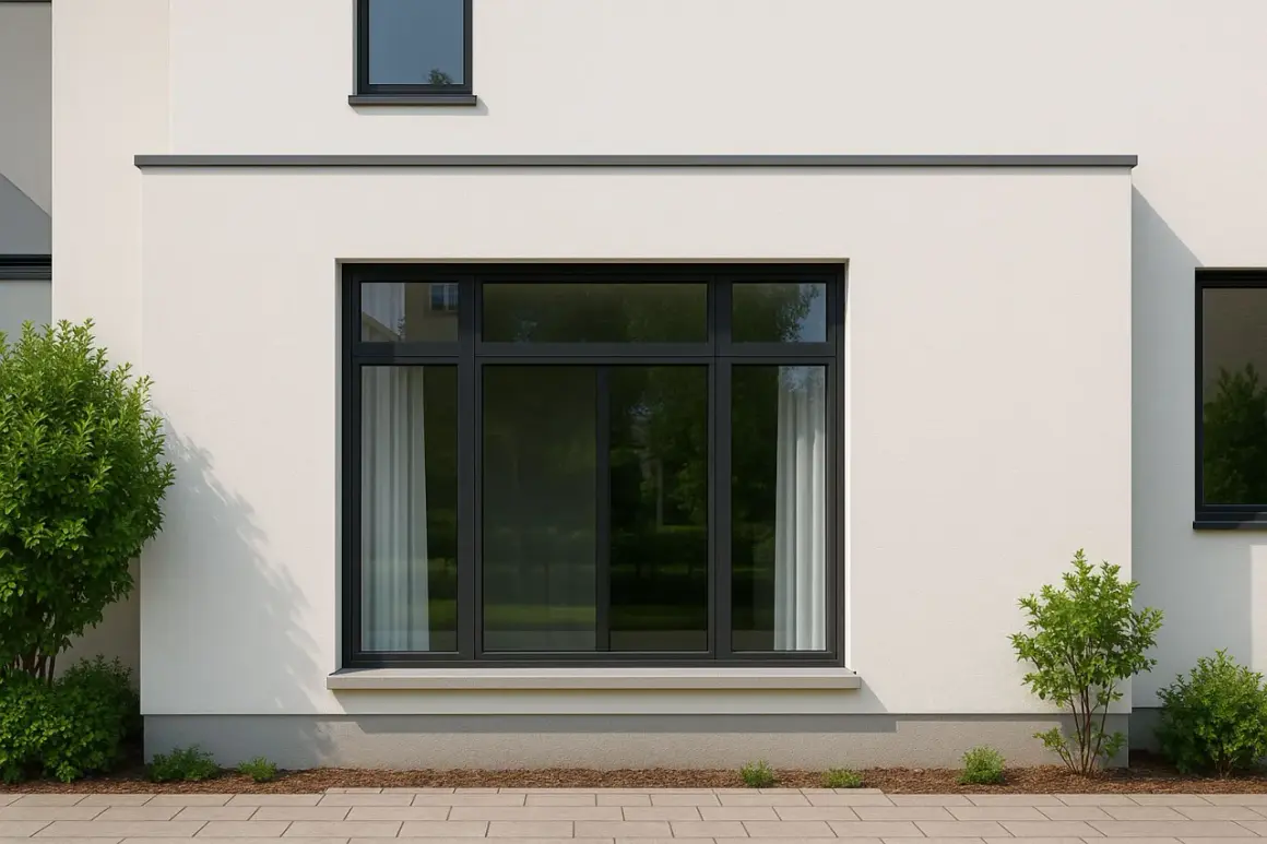 Ventana sin persiana, con cortinas blancas que ayudan a quitar la luz. Exterior de casa moderna con plantas.