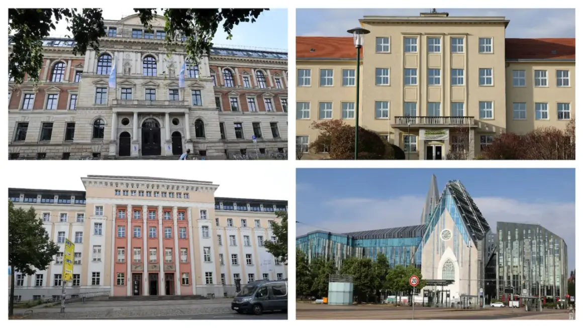 Vier Gebäude in Leipzig, die für ein Studium geeignet sind: ein historisches Palais, ein gelbes Universitätsgebäude, ein pastellfarbenes Gebäude und ein modernes Bauwerk.