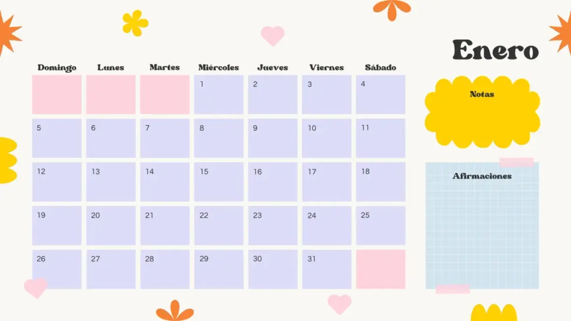 Calendario mensual para imprimir de Enero, con casillas para notas y afirmaciones.