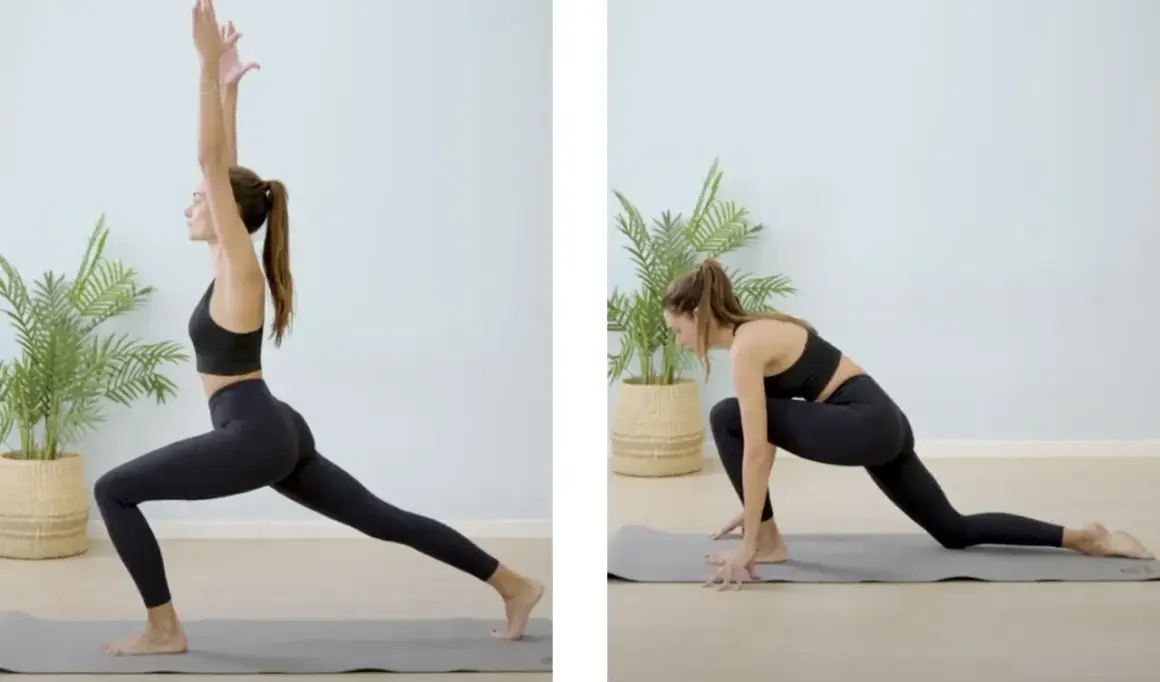Donna in posa yoga, una con braccia alzate, l'altra in affondo. Esercizi utili per chi soffre di problemi alle ginocchia.