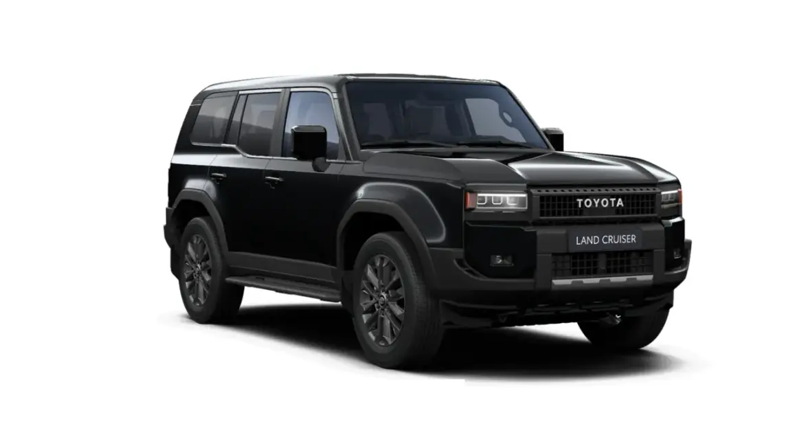 Negro Toyota Land Cruiser, un vehículo robusto ideal para cualquier aventura. Su diseño imponente y su legendaria fiabilidad lo hacen perfecto para el consumo en terrenos difíciles.