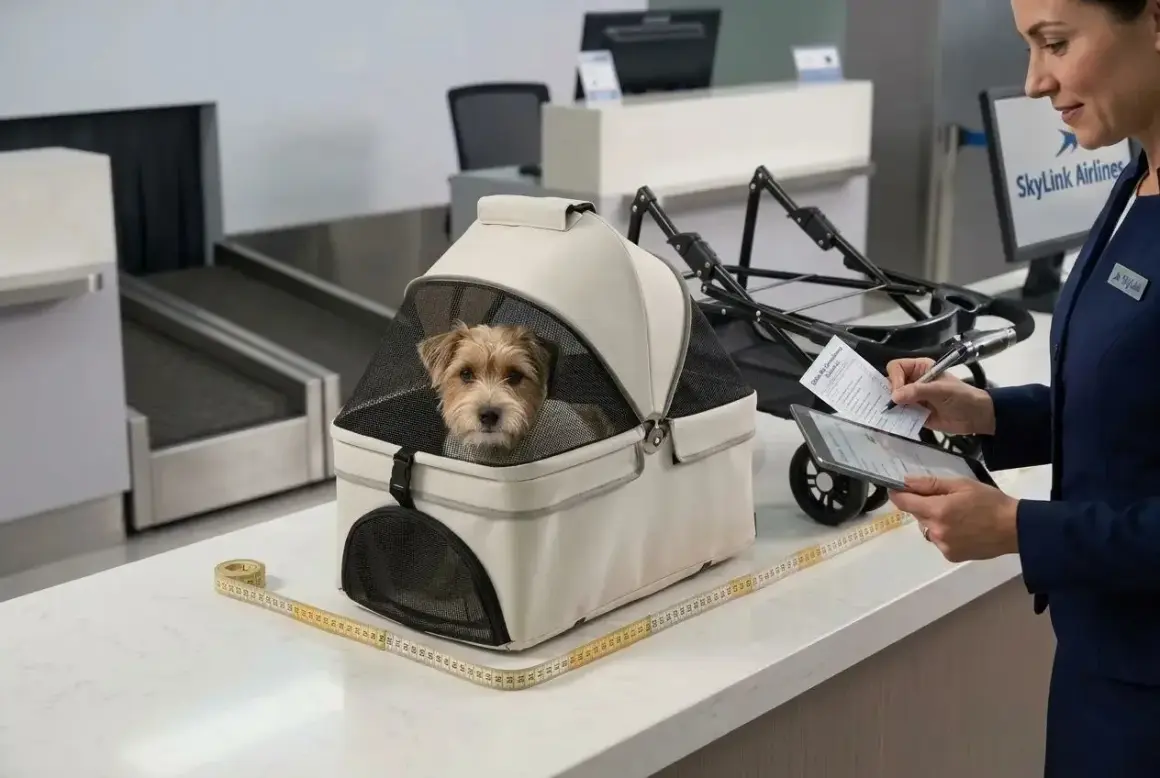 Un petit chien dans son panier, prêt pour l'avion. L'agent vérifie les dimensions, espérant éviter tout traumatisme pour le voyage.