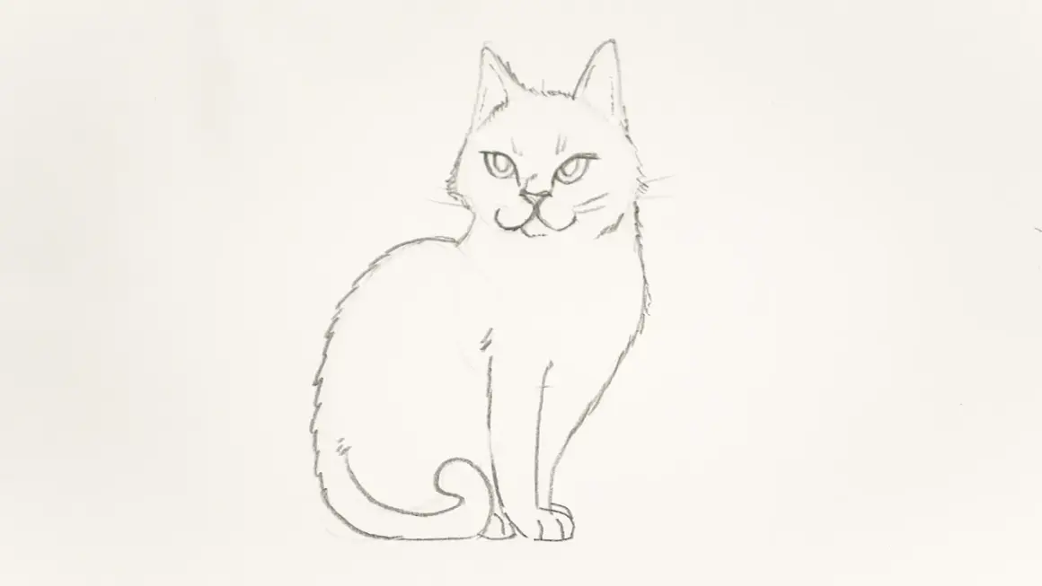 Unos tiernos dibujos de gatos, uno sentado con la cola enroscada y una mirada curiosa.