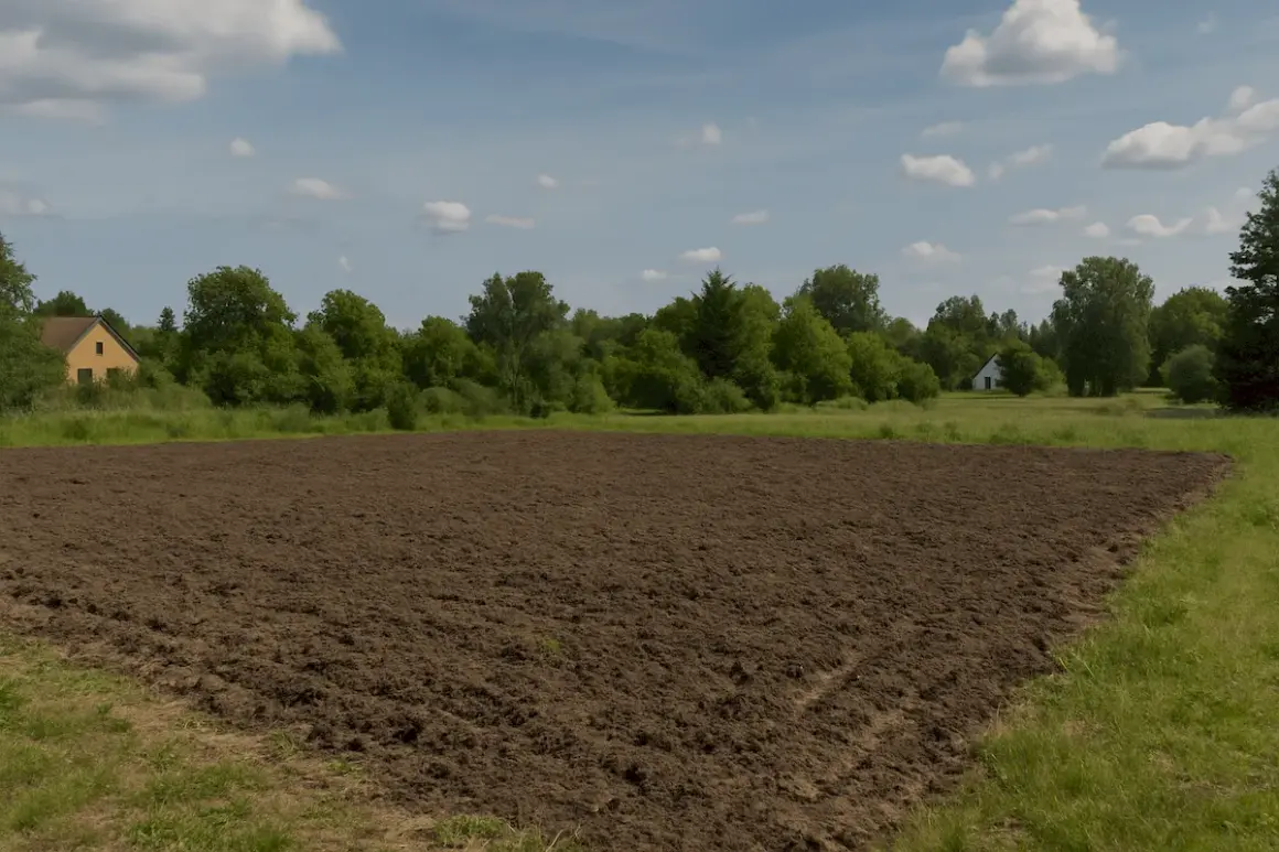 Przekształcenie działki budowlanej na rolną: świeżo zaorane pole z domem w tle.